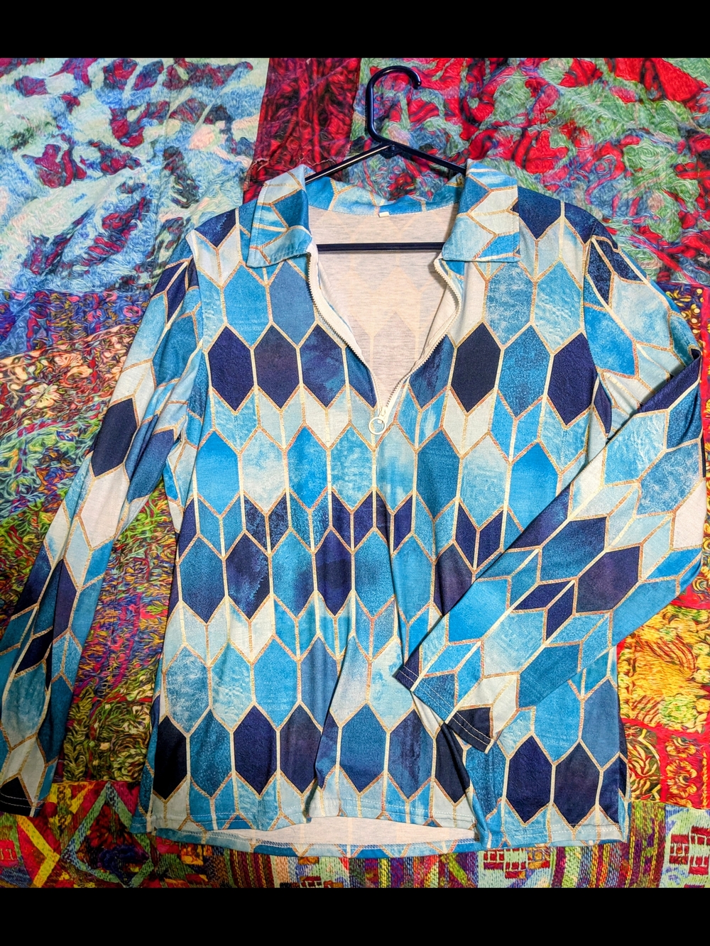 Blue Geometric Zip-Front Jacket